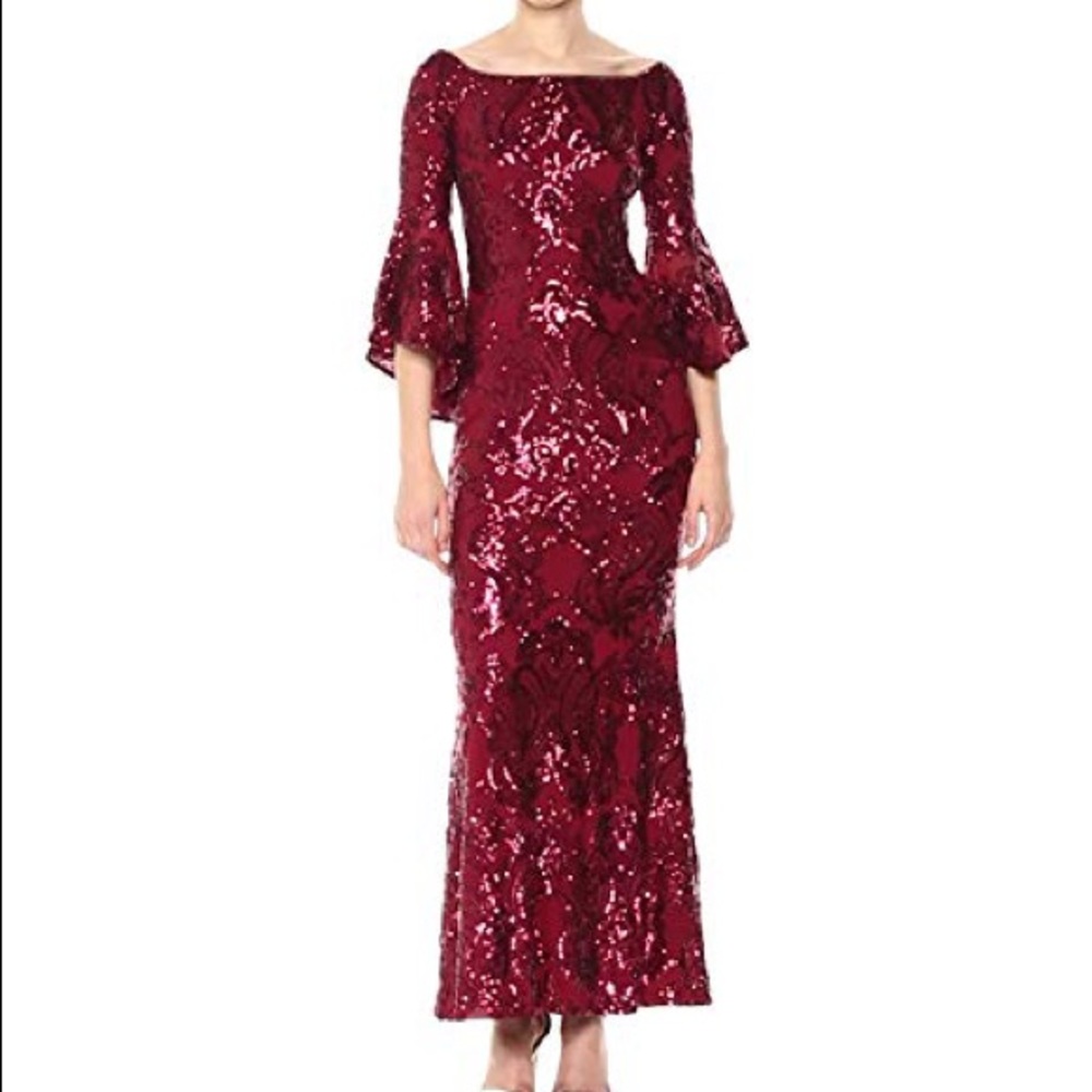 Red sequin prom gown off the shoulder bell sleeve